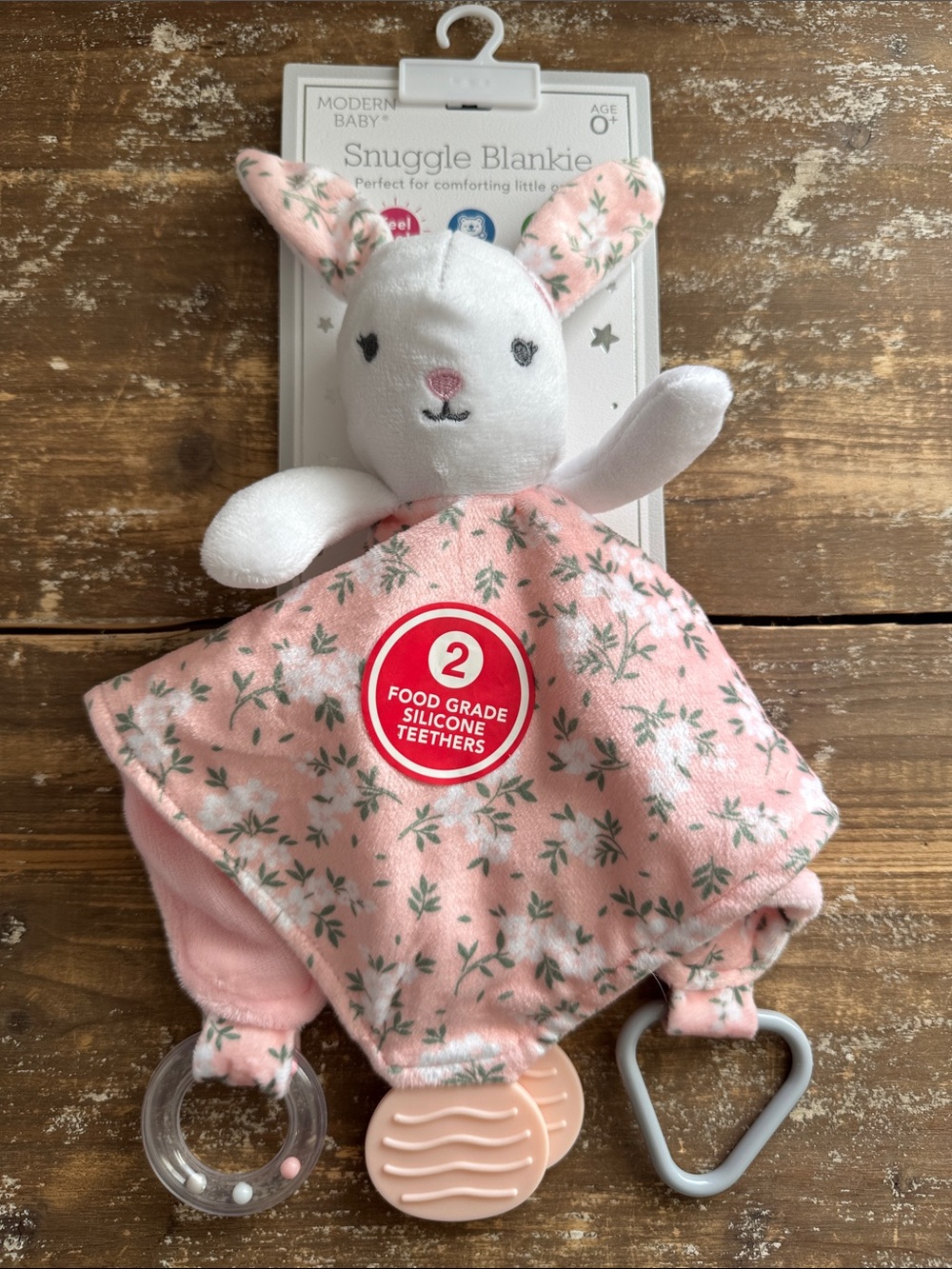 NWT Modern Baby Snuggle Blankie Bunny - Pink Comforter with Teethers